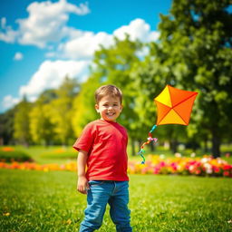 A young boy standing in a sunlit park, wearing a bright red t-shirt and blue jeans, with sneakers on