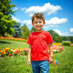 A young boy standing in a sunlit park, wearing a bright red t-shirt and blue jeans, with sneakers on