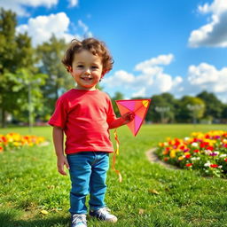 A young boy standing in a sunlit park, wearing a bright red t-shirt and blue jeans, with sneakers on