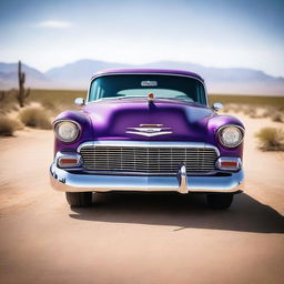 A cinematic-quality realistic image showcases a purple Chevrolet Bel Air, adorned with bright orange flames, parked on a country road in the heart of a desert