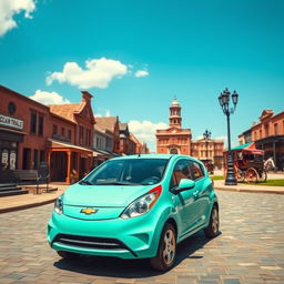 A vibrant and imaginative scene depicting a Chevrolet Spark, a compact car, in the year 1858, showcasing its unique design elements amidst a historical landscape