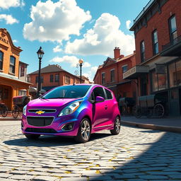 A vibrant and imaginative scene depicting a Chevrolet Spark, a compact car, in the year 1858, showcasing its unique design elements amidst a historical landscape