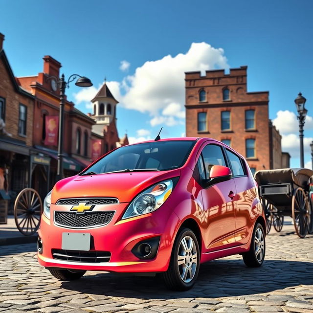 A vibrant and imaginative scene depicting a Chevrolet Spark, a compact car, in the year 1858, showcasing its unique design elements amidst a historical landscape