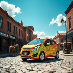 A vibrant and imaginative scene depicting a Chevrolet Spark, a compact car, in the year 1858, showcasing its unique design elements amidst a historical landscape