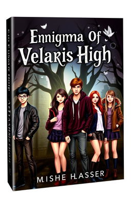 A captivating novel cover for 'Enigma Of Velaris High', featuring two teenage boys and four teenage girls, all standing together