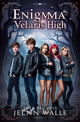 A captivating novel cover for 'Enigma Of Velaris High', featuring two teenage boys and four teenage girls, all standing together