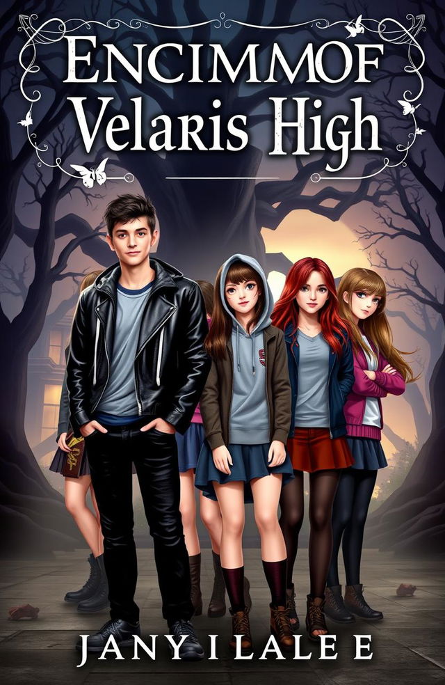 A captivating novel cover for 'Enigma Of Velaris High', featuring two teenage boys and four teenage girls, all standing together