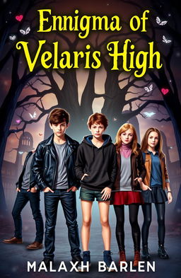 A captivating novel cover for 'Enigma Of Velaris High', featuring two teenage boys and four teenage girls, all standing together