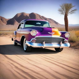 A cinematic-quality realistic image showcases a purple Chevrolet Bel Air, adorned with bright orange flames, parked on a country road in the heart of a desert