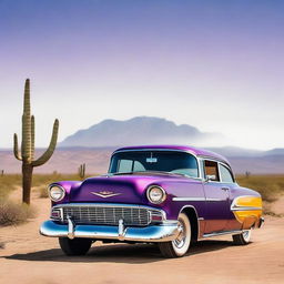 A cinematic-quality realistic image showcases a purple Chevrolet Bel Air, adorned with bright orange flames, parked on a country road in the heart of a desert