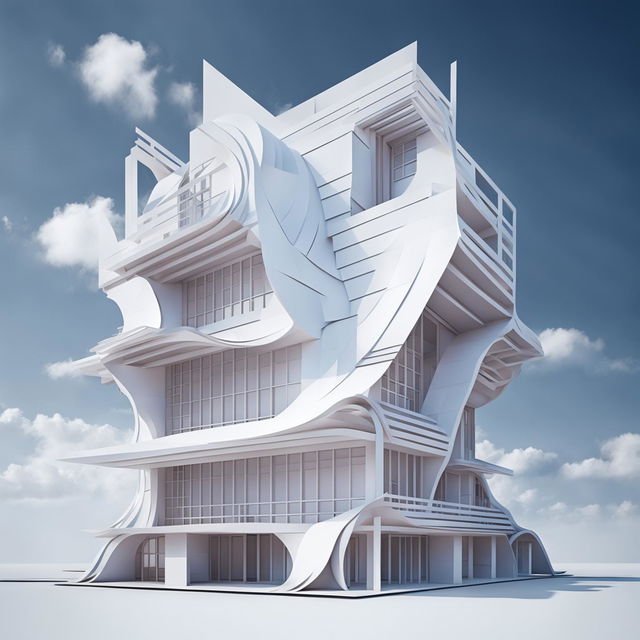 This is a high-quality digital render of an avant-garde architectural structure inspired by Louis Khan and Kengo Kuma, crafted entirely from white card