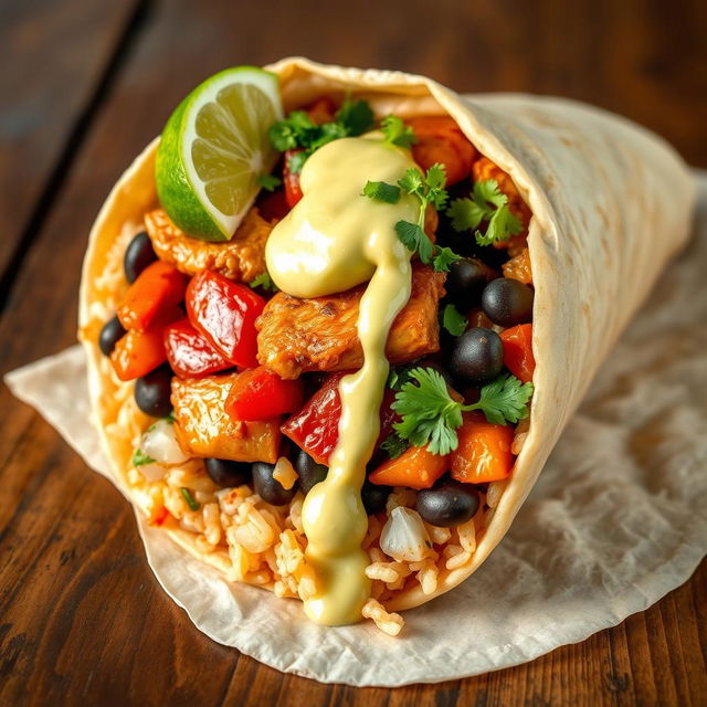 A delicious and visually appealing burrito filled with traditional adobo ingredients