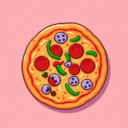 A vibrant and colorful pixel art image of a delicious pizza topped with pepperoni, mushrooms, and green peppers
