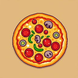 A vibrant and colorful pixel art image of a delicious pizza topped with pepperoni, mushrooms, and green peppers