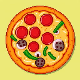 A vibrant and colorful pixel art image of a delicious pizza topped with pepperoni, mushrooms, and green peppers