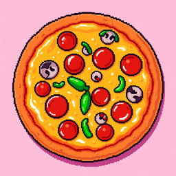 A vibrant and colorful pixel art image of a delicious pizza topped with pepperoni, mushrooms, and green peppers