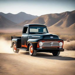 This is a cinematic-quality realistic image of a black Ford F100 hot rod, decorated with bright orange flames