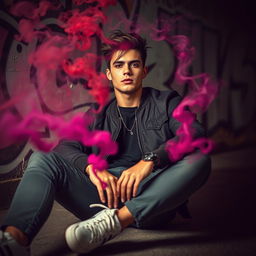 A stylish young man, often referred to as a 'smoke boy', is lounging in an urban environment