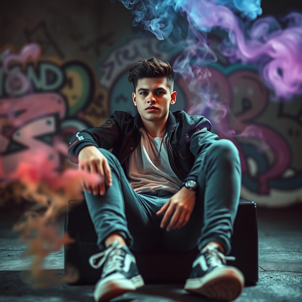 A stylish young man, often referred to as a 'smoke boy', is lounging in an urban environment