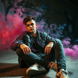 A stylish young man, often referred to as a 'smoke boy', is lounging in an urban environment