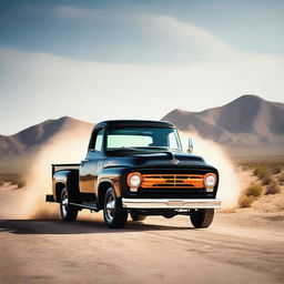 This is a cinematic-quality realistic image of a black Ford F100 hot rod, decorated with bright orange flames