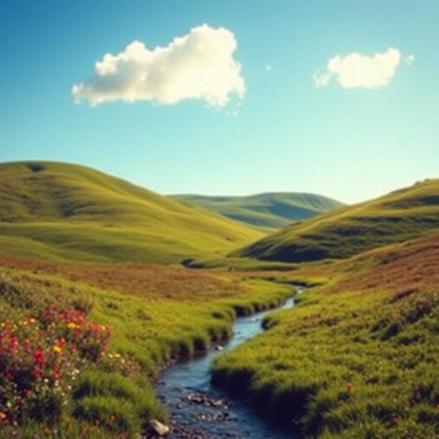 A serene and calming landscape featuring rolling hills covered in lush green grass and colorful wildflowers under a clear blue sky