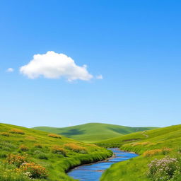 A serene and calming landscape featuring rolling hills covered in lush green grass and colorful wildflowers under a clear blue sky