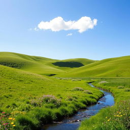 A serene and calming landscape featuring rolling hills covered in lush green grass and colorful wildflowers under a clear blue sky