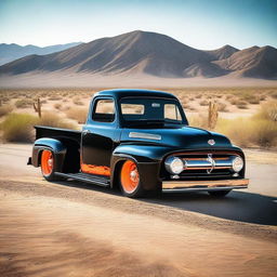 This is a cinematic-quality realistic image of a black Ford F100 hot rod, decorated with bright orange flames