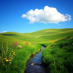 A serene and calming landscape featuring rolling hills covered in lush green grass and colorful wildflowers under a clear blue sky