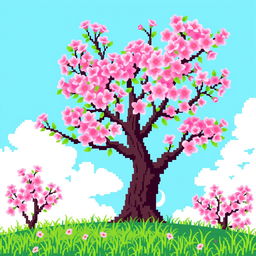 Pixel art of a beautiful Sakura tree in full bloom, showcasing vibrant pink flowers with delicate petals, set against a clear blue sky
