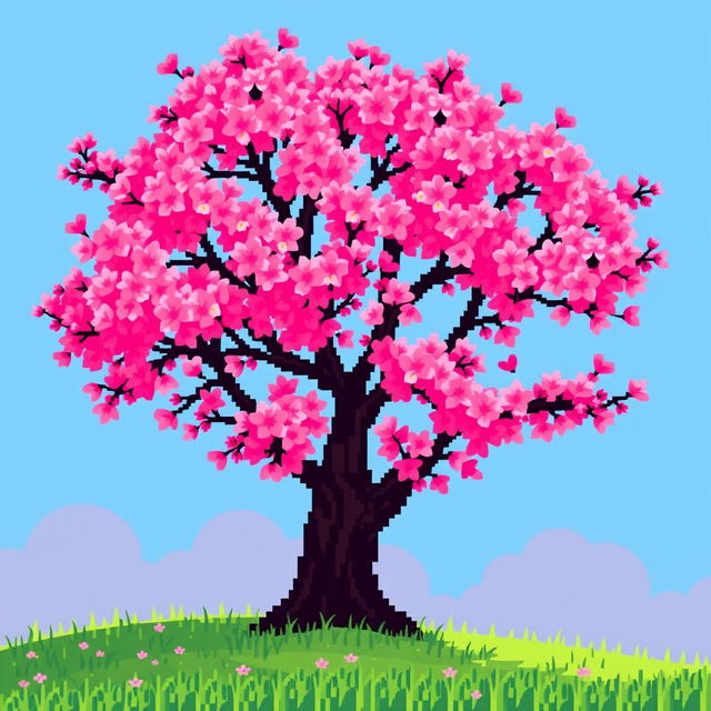 Pixel art of a beautiful Sakura tree in full bloom, showcasing vibrant pink flowers with delicate petals, set against a clear blue sky