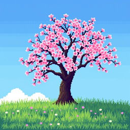 Pixel art of a beautiful Sakura tree in full bloom, showcasing vibrant pink flowers with delicate petals, set against a clear blue sky