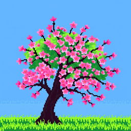 Pixel art of a beautiful Sakura tree in full bloom, showcasing vibrant pink flowers with delicate petals, set against a clear blue sky
