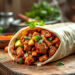 A delicious burrito filled with Filipino adobo, showcasing tender chunks of marinated meat cooked in a savory soy sauce, vinegar, and garlic blend, wrapped in a warm flour tortilla