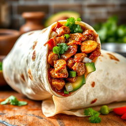 A delicious burrito filled with Filipino adobo, showcasing tender chunks of marinated meat cooked in a savory soy sauce, vinegar, and garlic blend, wrapped in a warm flour tortilla