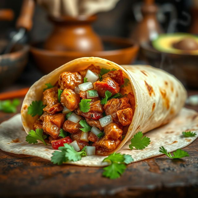 A delicious burrito filled with Filipino adobo, showcasing tender chunks of marinated meat cooked in a savory soy sauce, vinegar, and garlic blend, wrapped in a warm flour tortilla