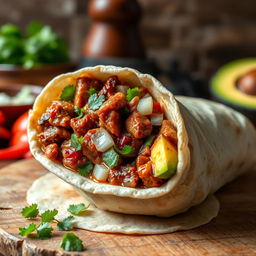 A delicious burrito filled with Filipino adobo, showcasing tender chunks of marinated meat cooked in a savory soy sauce, vinegar, and garlic blend, wrapped in a warm flour tortilla