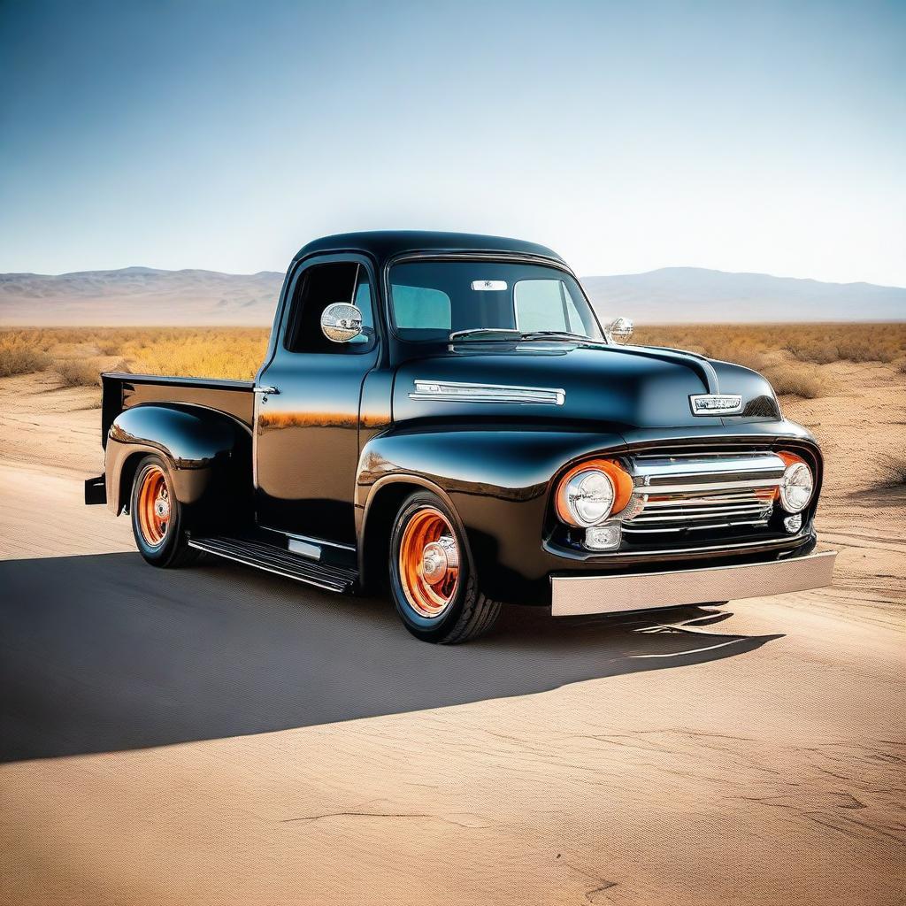 This is a cinematic-quality realistic image of a black Ford F100 hot rod, decorated with bright orange flames