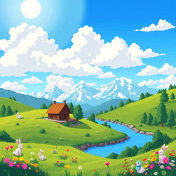 A vibrant pixel art landscape, featuring rolling hills under a bright blue sky with fluffy white clouds