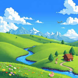 A vibrant pixel art landscape, featuring rolling hills under a bright blue sky with fluffy white clouds