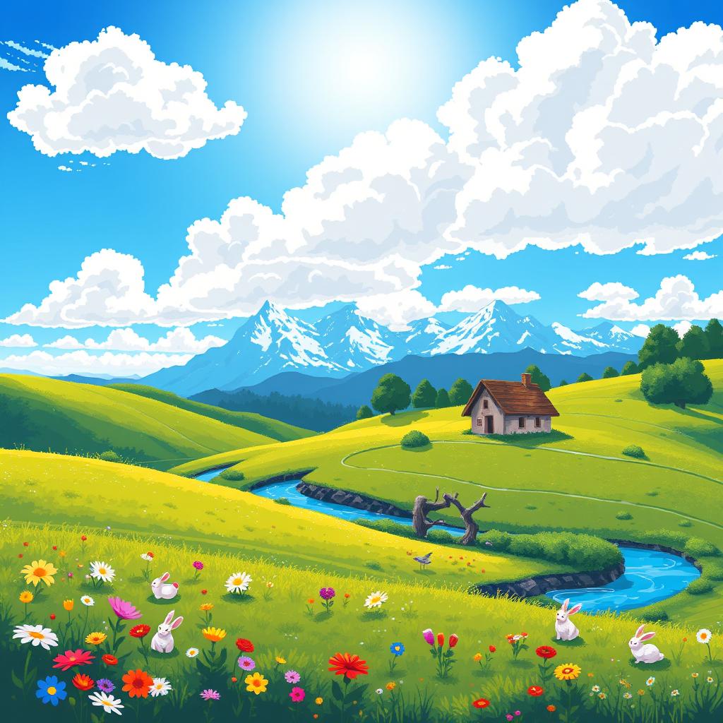 A vibrant pixel art landscape, featuring rolling hills under a bright blue sky with fluffy white clouds