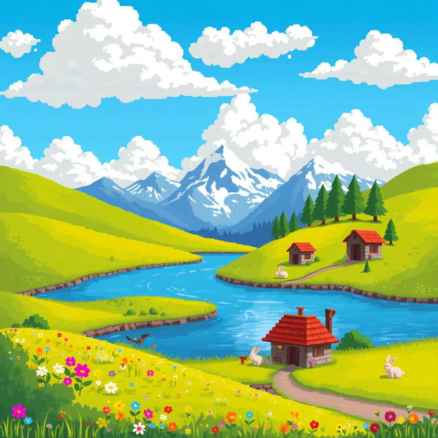 A vibrant pixel art landscape, featuring rolling hills under a bright blue sky with fluffy white clouds