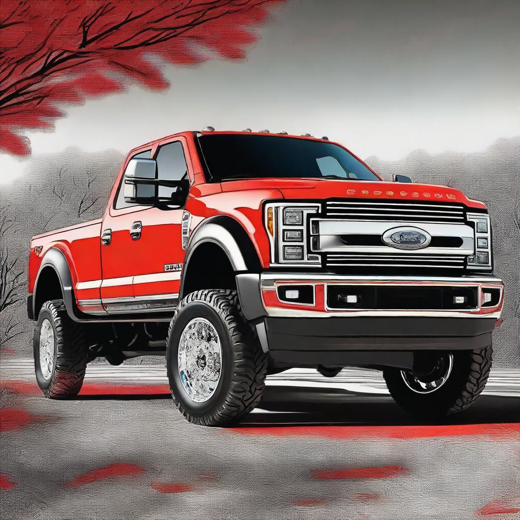 This is a vivid digital art image showcasing a lifted F450 truck in a striking shade of bright red