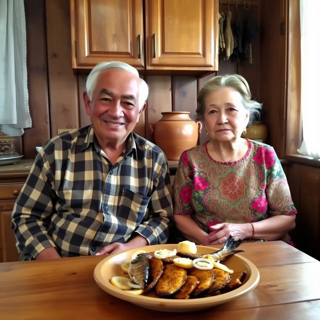 An elderly man and woman sitting in a rustic wooden kitchen, surrounded by traditional village decor