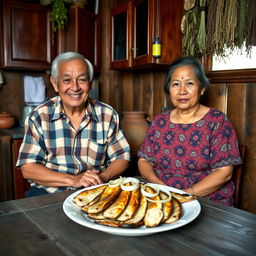 An elderly man and woman sitting in a rustic wooden kitchen, surrounded by traditional village decor