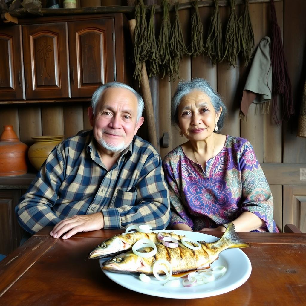 An elderly man and woman sitting in a rustic wooden kitchen, surrounded by traditional village decor