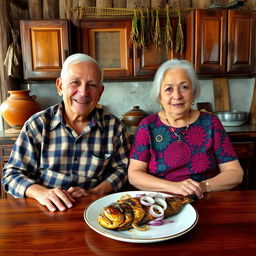 An elderly man and woman sitting in a rustic wooden kitchen, surrounded by traditional village decor