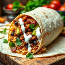 A mouthwatering burrito filled with Filipino adobo, featuring tender marinated meat stewed in a rich soy sauce and vinegar blend