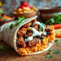 A mouthwatering burrito filled with Filipino adobo, featuring tender marinated meat stewed in a rich soy sauce and vinegar blend